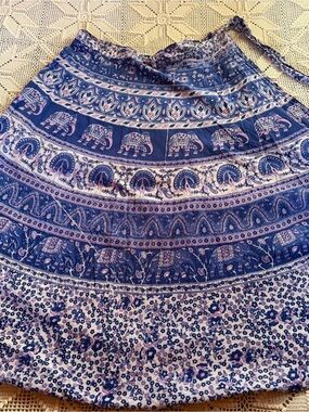 Boho Wrap-around Elephant Print Maxi Skirt in Blue and Cream